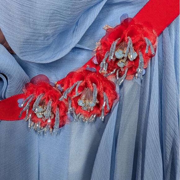 Talbot Runhof Grecian Blue One Shoulder Draped Gown Floral Embellishments Sz 12 - Picture 5 of 15